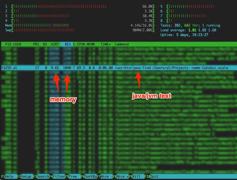 htop showing memory use for the Java/JVM test