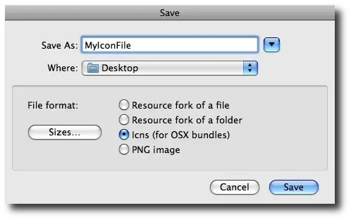 FastIcns file save dialog, letting you save your ICNS file